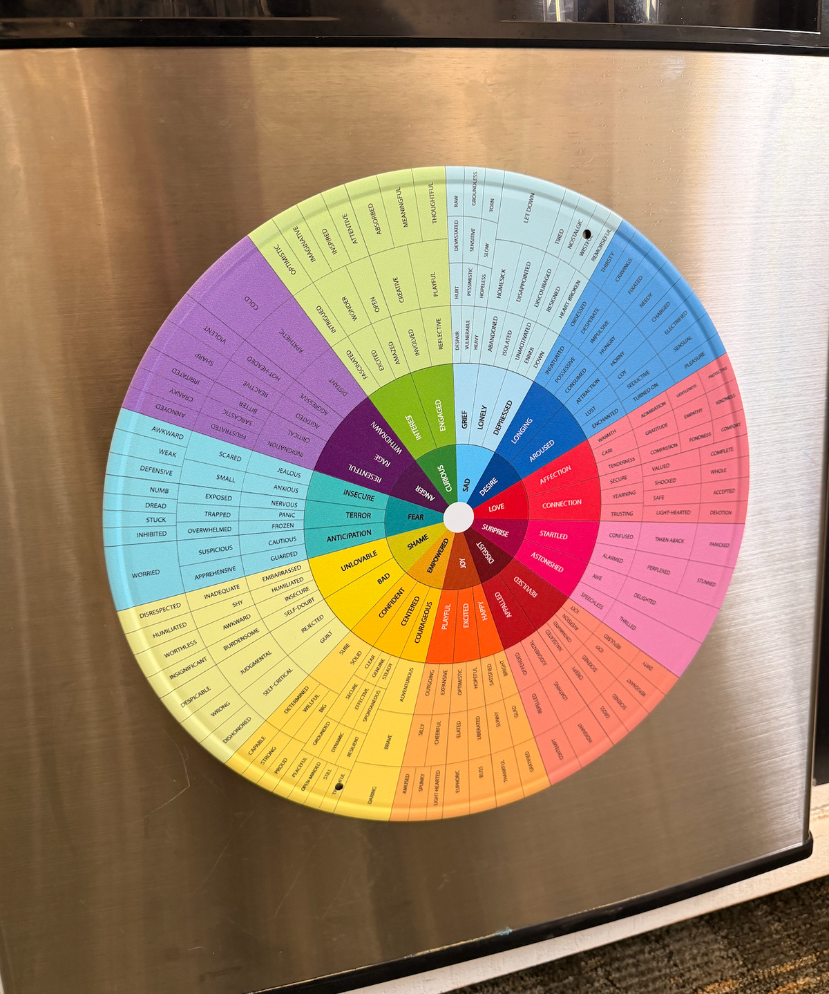Aluminum feeling wheel displayed on a stainless steel refrigerator door