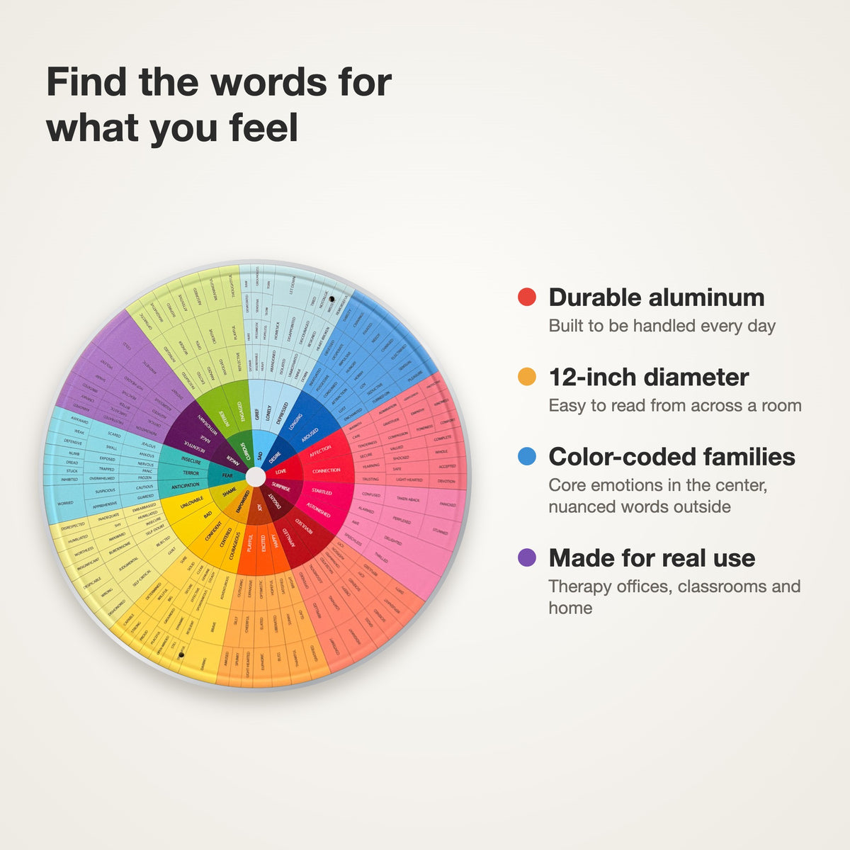 Aluminum feeling wheel feature graphic: durable aluminum, 12-inch diameter, color-coded emotion families, made for therapy offices, classrooms and home