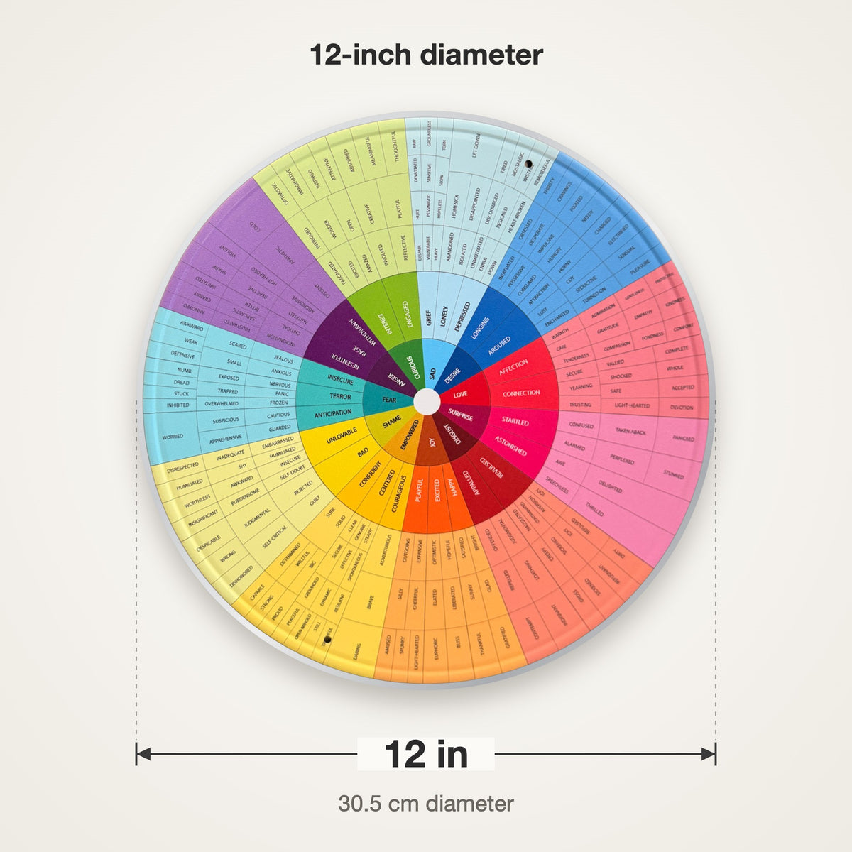 Aluminum feeling wheel with a size guide showing its 12-inch (30.5 cm) diameter
